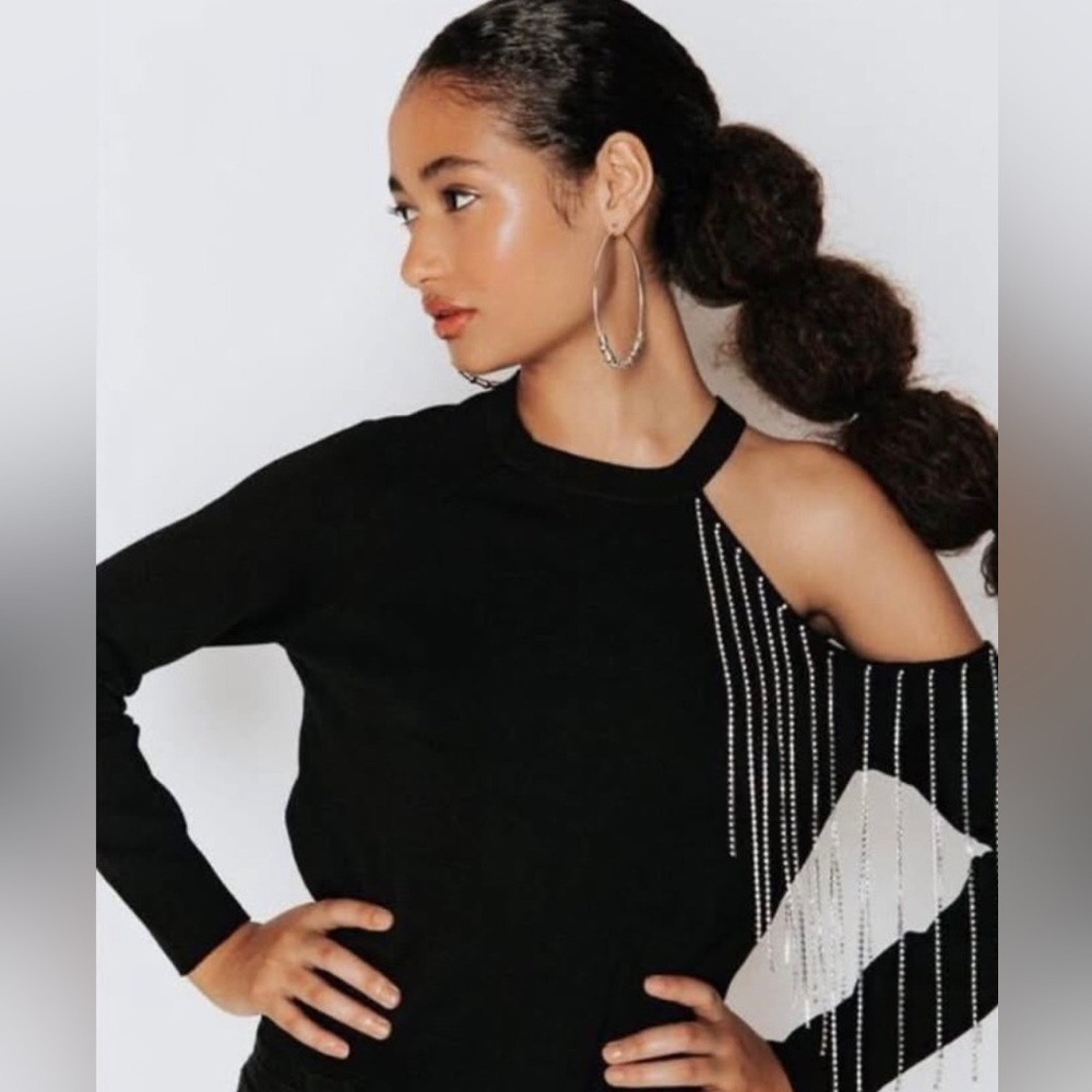 Zara Black Off-the-Shoulder Sweater with Silver rhinestone Detail